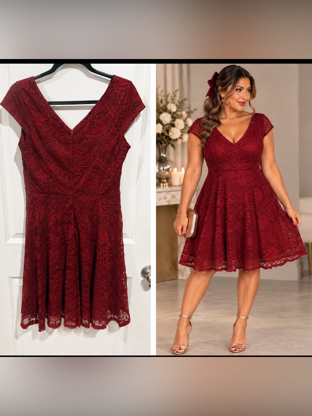 Muadress Lace Fit and Flare Midi Dress in Deep Red Burgundy sz L